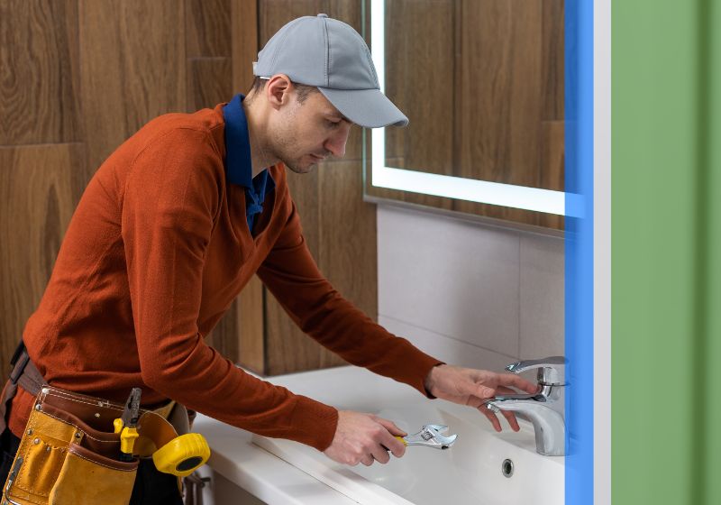 A plumber conducting repairs on a bathroom sink