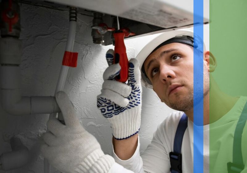 A technician using a screwdriver on the bottom of a tankless water heater
