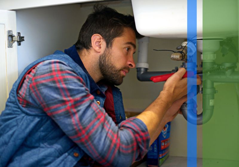 A plumber inspecting the pipes under a sink