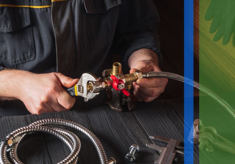 A plumber using a wrench to tighten the clamp on a plumbing hose