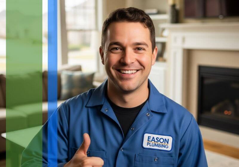 A friendly Eason Plumbing plumber gives a thumbs-up in a residential home.