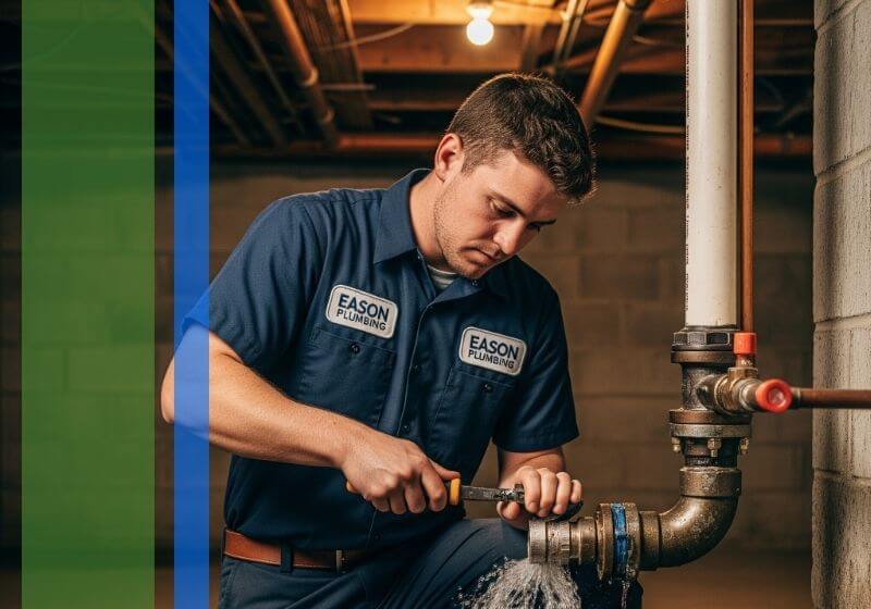An Eason Plumbing plumber performs an emergency repair on a burst pipe in a basement.