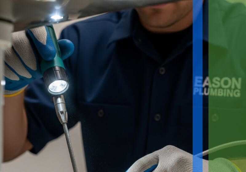 A close-up of an Eason Plumbing technician using a specialized tool to perform advanced drain cleaning.
