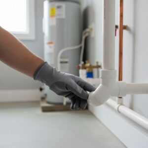A professional plumber's hand gently touching a section of modern, clean PVC pipe