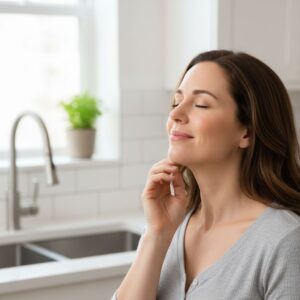 A person inhaling deeply, enjoying fresh, clean air in a modern kitchen