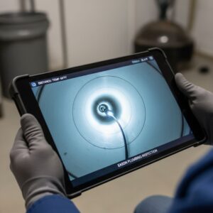 A tablet displaying a clear, illuminated view of the inside of a clean, residential drain pipe