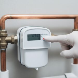 A close-up of a residential water meter