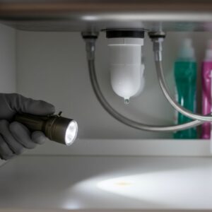 A close-up of a person's hand with a flashlight pointing at a small, subtle water stain