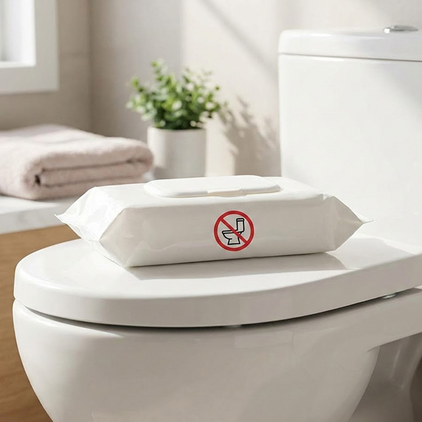 a package of baby wipes sitting on top of a toilet