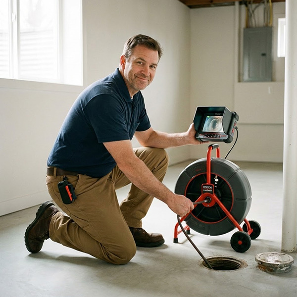 plumber performing sewer inspection