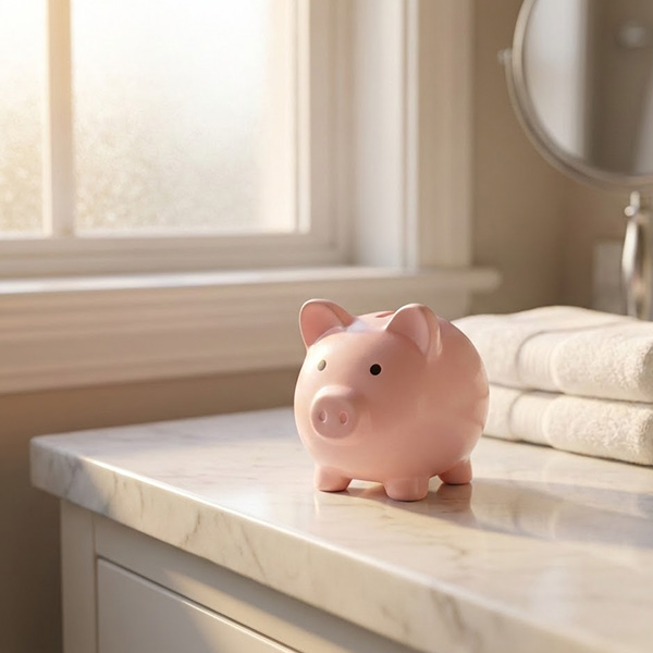 piggy bank sitting on bathroom counter