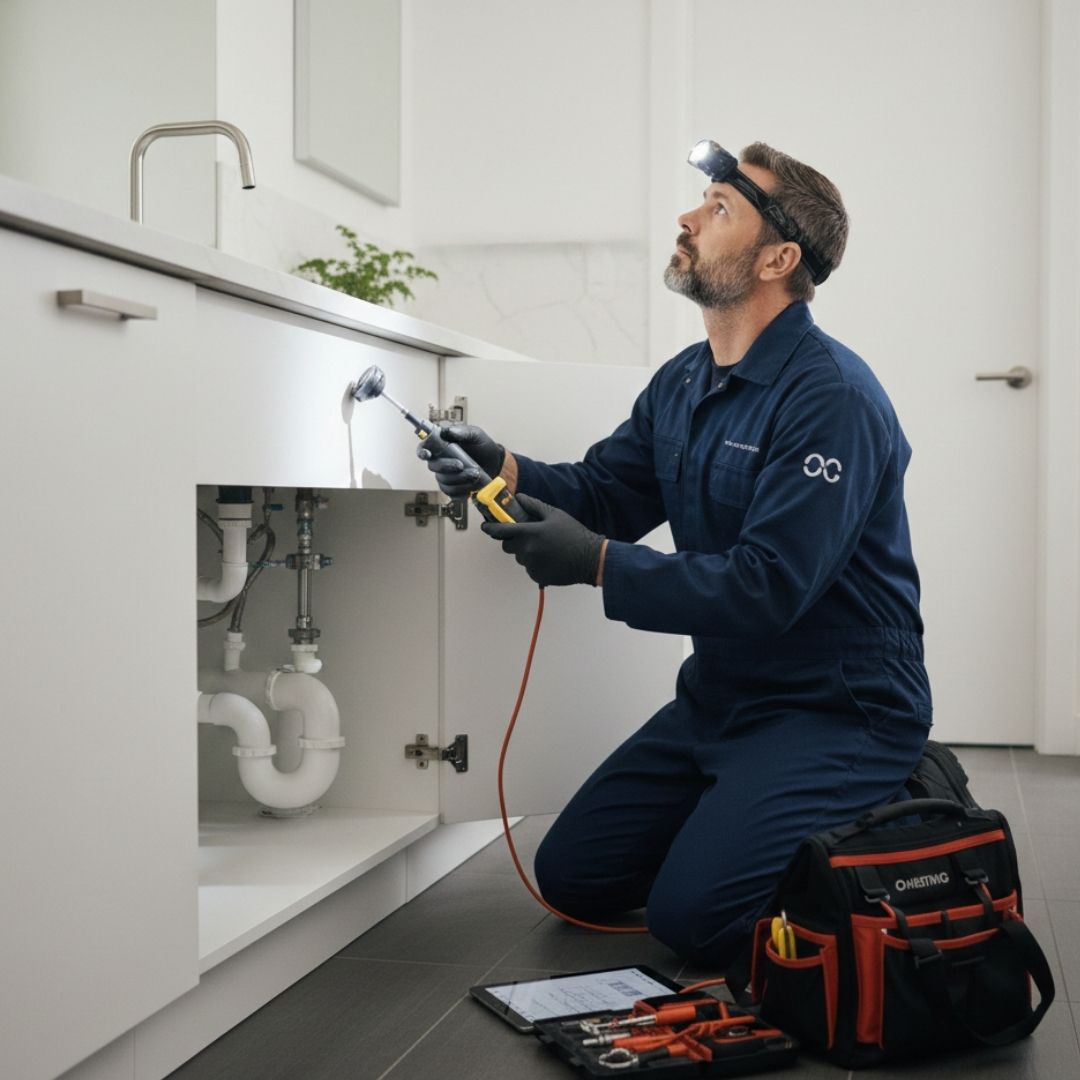 plumber working underneath bathroom sink