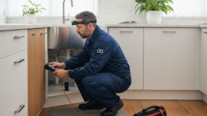 plumber working underneath a kitchen sink