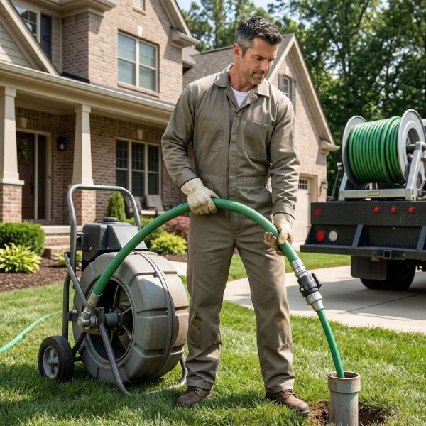 plumber flushing sewer pipe