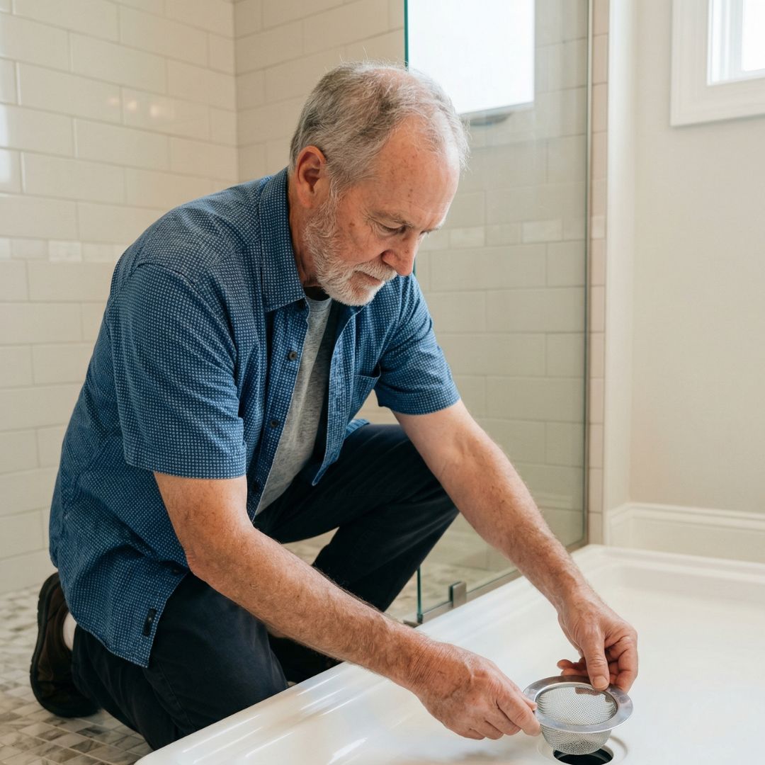 man with drain catcher