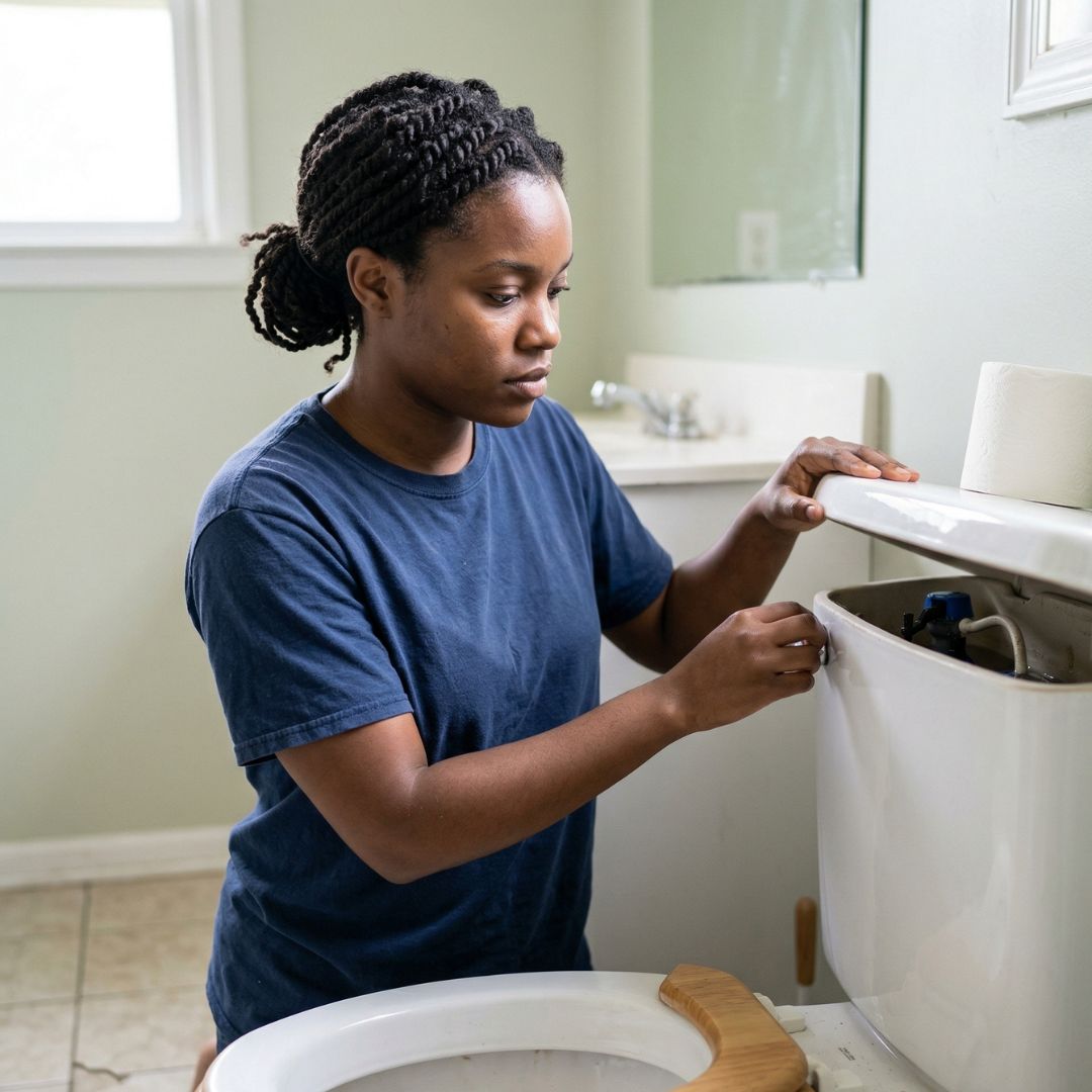 woman fixing toilet