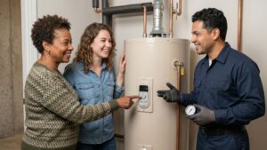 plumber with hot water heater and customers